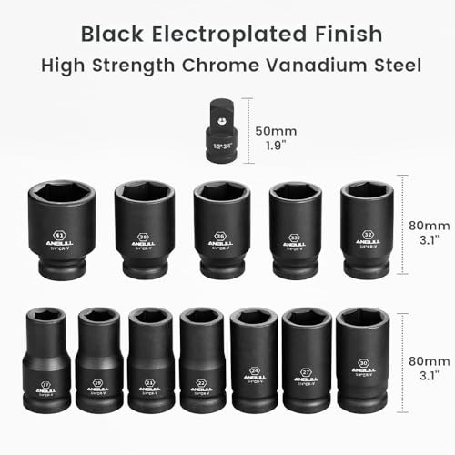 Anbull 3/4 Inch Drive Deep Impact Socket Set, 13 Piece Metric Combination, Sizes 17mm 19mm 21mm 22mm 24mm 27mm 30mm 32mm 33mm 36mm 38mm 41mm Hex Socket Set, 6 Point Design, Cr-V Chrome Vanadium Steel