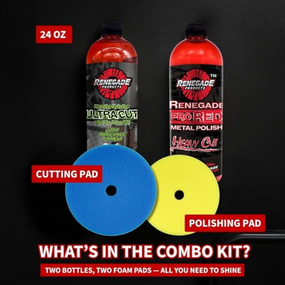 Renegade Liquid Cut & Polish Combo – Ultra Cut & Pro Red Metal Polishes with Blue and Yellow Foam Pads – 2-Step Aluminum & Stainless Steel Restoration Kit