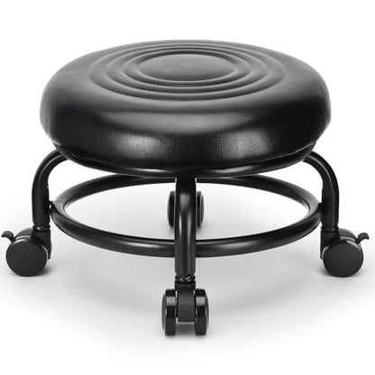Low Height Rolling Stool Low Roller Stool PU Leather Comfortable Chair, Modern Low Rolling Stool for Home Office Garage Shop