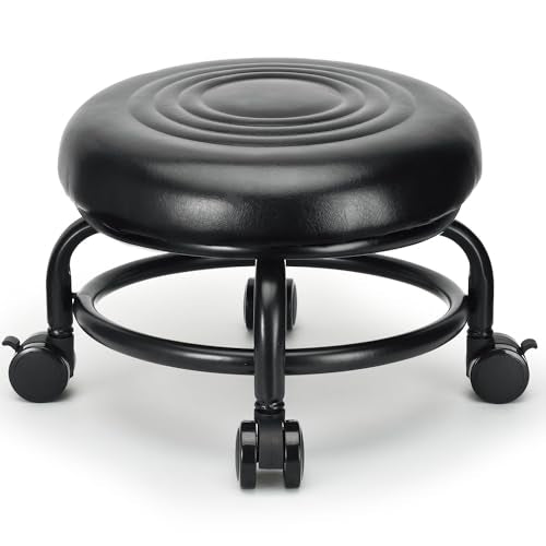 Low Height Rolling Stool Low Roller Stool PU Leather Comfortable Chair, Modern Low Rolling Stool for Home Office Garage Shop