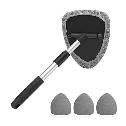 Windshield Cleaning Tool, Car Window Cleaner with Extendable Long Handle and 4 Washable Reusable Microfiber Pads, Auto Interior Exterior Glass Wiper Cleaning Kit Universal for Office and Home (Gray) - color: Gray