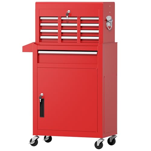 Greenvelly Tool Chest, 5-Drawer Rolling Tool Chest with Hooks and Lockable Wheels,Metal Storage Detachable Top Tool Box with Lockable Wheels for Garage,Workshop,Art Studio(Red) - color: Red, size: 5 Drawers