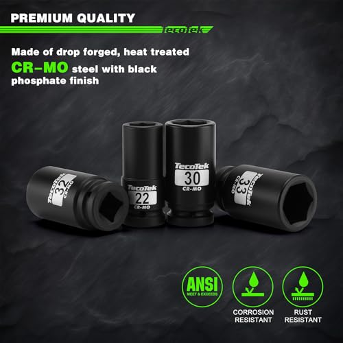 TecoTek 3/4" Drive Deep 6-Point Impact Socket Set, 13-Piece Jumbo Assortment, Cr-Mo, Metric (17mm to 41mm), 1/2" F to 3/4" M Impact Socket Adapter, for Large Vehicle and Apparatus Maintenance - size: 13-Piece (11/16" to 1-5/8")