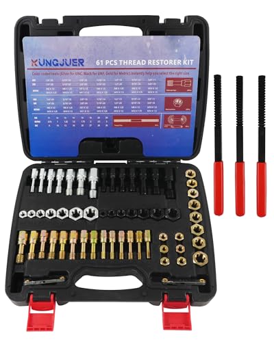61PCS Master Thread Rethreading Kit,UNC UNF Metric Thread Chaser | Thread Restorer Tool with Thread Pitch Gauge, Designed to Repair or Reshape Damaged Threads on Bolts, Screws, or Nuts - size: 61pcs Thread Chaser Set