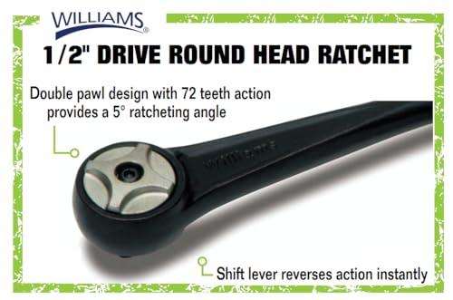 Williams JHWBS-52A 1/2-Inch Drive Round Head Ratchet with Black Industrial Finish, Knurled Grip Handle, Double Pawl Design, 72 Tooth Gear Engagement - 11-5/16 Inches
