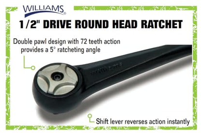 Williams JHWBS-52A 1/2-Inch Drive Round Head Ratchet with Black Industrial Finish, Knurled Grip Handle, Double Pawl Design, 72 Tooth Gear Engagement - 11-5/16 Inches