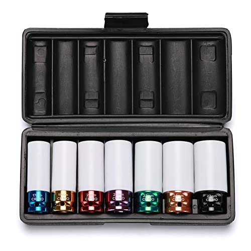EMENTOL 7PCS 1/2" Drive Thin Wall Deep Wheel Protector Impact Socket Set, CR-MO, Lug Nut Impact Socket Set-17mm, 19mm, 21mm, 22mm, 23mm, 24mm, 27mm - size: 7PCS