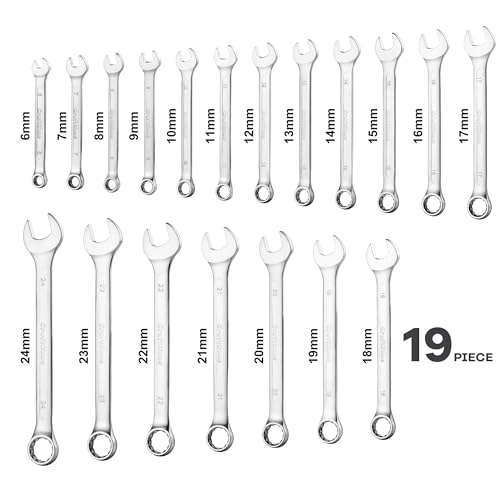 19-Piece Combination Wrench Sets CR-V Metric Wrench Set 6-24mm Box and Open End Wrench Set 12-Point with Rolling Pouch Industrial for Workshop Outdoor Diy Repair