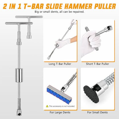GOOACC 100 PCS Car Dent Puller Paintless Dent Removal Tool Adjustable Lifter Bridge Pullers 2 in 1 T-Bar Slide Hammer Glue Gun Reflector Board Repair Kit for Car Dents Hail Damage Door Body Ding - color: 100PCS Dent Puller Kit