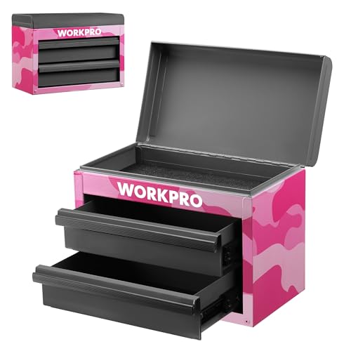 WORKPRO Metal Mini Tool Box, Top Tool Chest containing Two Drawers with Ball Bearing Slides, PVC Drawer Liners and PP Feet Pads, Cold Rolled Steel Small Toolbox for Multi-Purpose Storage - Pink Ribbon - color: Pink Camo