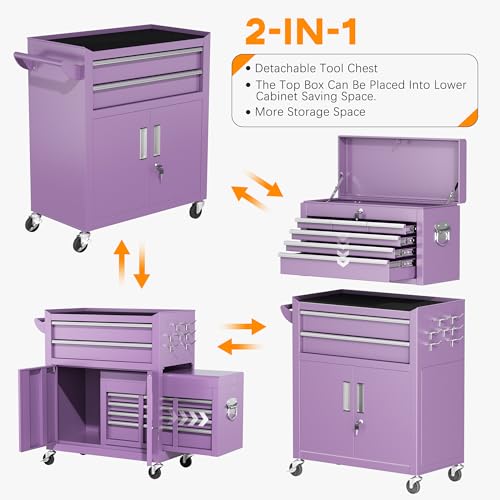 INTERGREAT Tool Chest, Assembled 8-Drawers Rolling Tool Chest with Wheels, Detachable Top Tool Box, Tool Cabinet for Repair Room,Warehouse, Rolling Tool Box with Hooks,Tray Divider,Liners(Purple) - color: Purple, size: 8 Drawers