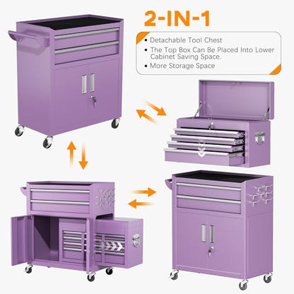 INTERGREAT Tool Chest, Assembled 8-Drawers Rolling Tool Chest with Wheels, Detachable Top Tool Box, Tool Cabinet for Repair Room,Warehouse, Rolling Tool Box with Hooks,Tray Divider,Liners(Purple) - color: Purple, size: 8 Drawers