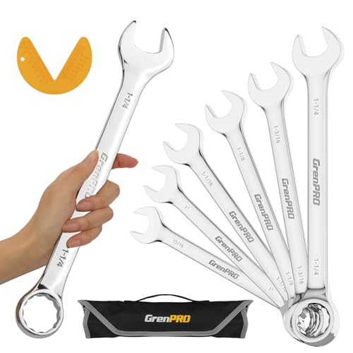 GRENPRO SAE Wrench Set, Large Wrench Set, 7-Piece 15/16", 1", 1-1/16", 1-1/8", 1-3/16", 1-1/4" Long Big Open End Wrench Tools Set Roll Up Pouch Organizer with Gauge, 12 Point Combination Wrenches Sets - style: SAE Wrench Set Large