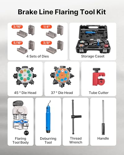 VEVOR Professional Brake Line Flaring Tool, 45 & 37 Degree Double Flare Bubble Flare Tool Kit for 3/16", 1/4", 5/16", 3/8" Copper Aluminum Thin Steel Tubes - size: 45 & 37 Degree