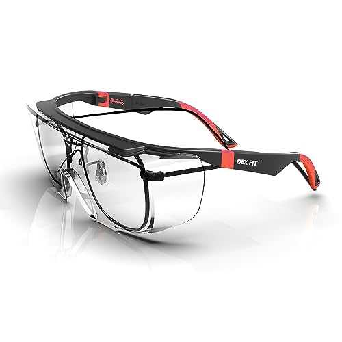 DEX FIT Safety Glasses Over Eyeglasses SG210 - Anti-Fog & Scratch Resistant Z87.1 Certified, Adjustable Temples, Side Shields, UV Protection, Clear Lens PPE for Men & Women; Black & Red, 1 PC - color: Black/Red - Clear, size: 1 PC