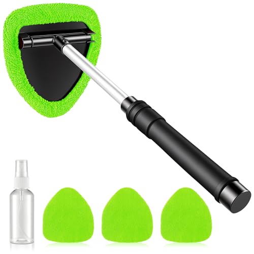 JUSTTOP Windshield Cleaner Tool, Car Interior and Exterior Window Cleaning Kit with Extendable Handle & 4 Reusable Microfiber Pads, Auto Glass Wiper Brush Kit for Car & Home Windows (Green) - color: Green