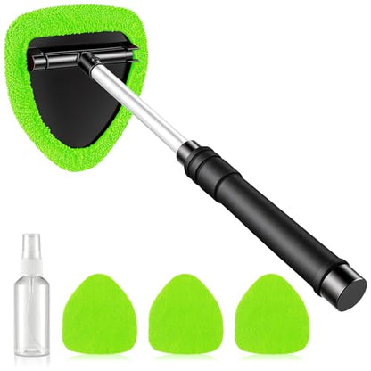 JUSTTOP Windshield Cleaner Tool, Car Interior and Exterior Window Cleaning Kit with Extendable Handle & 4 Reusable Microfiber Pads, Auto Glass Wiper Brush Kit for Car & Home Windows (Green) - color: Green