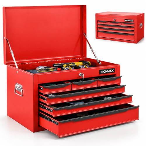 ARNOT Large Metal Tool Box, Tool Box with 6 Drawers & Top Tray, Heavy-Duty Steel Tool Chest with Auto-Locking Drawers and Side Handles for Garage & Workbench, Red - color: Red
