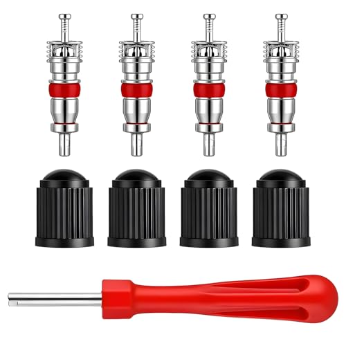 Tire Valve Stem Removal Tool Kit, 4 PCS Valve Cores, 4 PCS Tire Valves Caps, 1 Pack Single Head Valves Core Remover Installer Tool, Car Accessories Tires Repair Tools Universal for All Cars