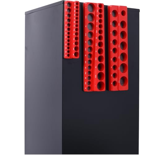 Magnetic Socket Organizer Set, 3-Piece Socket Holder Set Includes 1/4", 3/8", 1/2" Drive Metric SAE Socket Trays, Holds 75 Pieces Standard Size and Deep Size Sockets(Socket not Included) - Red