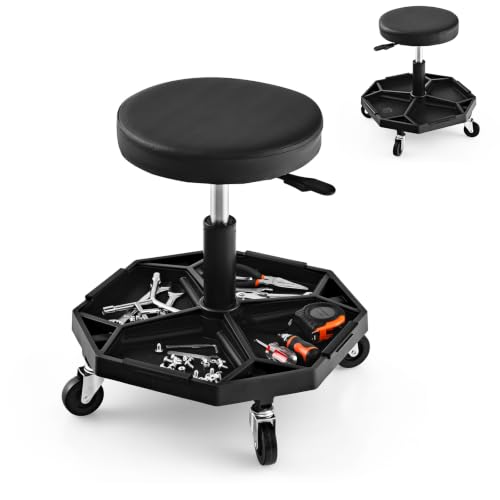 TANGZON 150KG Pneumatic Rolling Mechanic Stool, 41CM-55CM Height Adjustable & 360° Swivel Roller Creeper Seat with Removable Tool Tray and Wheels, Heavy Duty Padded Garage Workshop Stool (Black) - color: Black