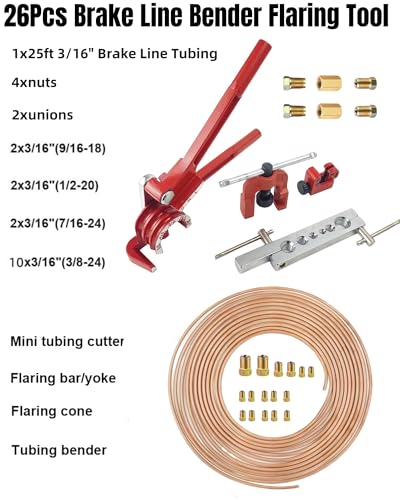 3/16 Inch 26Pcs Brake Line Bender Flaring Tool Include 25FT Zinc-Plated Copper Coated Brake Bending Lines and Single Flare Cutter Repair Kit 16 Rust-Resistant Fitting 4 Nut 2 Union, Gold - color: Gold