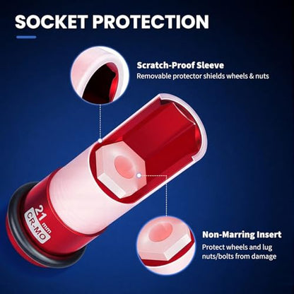 1/2" Drive 21mm Wheel Lug Nut Impact Socket,Color-Coded Non-Marring Deep Thin Wall Socket with Removable Protect Sleeve, 6 Point, Cr-Mo Steel - color: 21mm