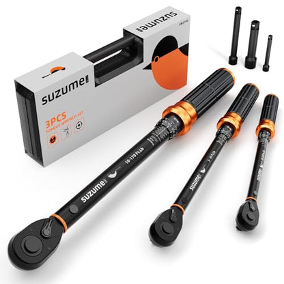SUZUME 6PCS Torque Wrench Set 1/2 3/8 1/4 Inch Drive Click ±3% Accuracy | 10–170 Ft.lb, 5–45 Ft.lb, 20–220 In.lb, Dual-Direction, 3 Extension Bars Dual-Scale for Car,Moto,Truck,Spark Plug,Bike Repair - size: 10-170Ft.Lb,5-45Ft.Lb,20-220In.Lb, style: 1/2 3