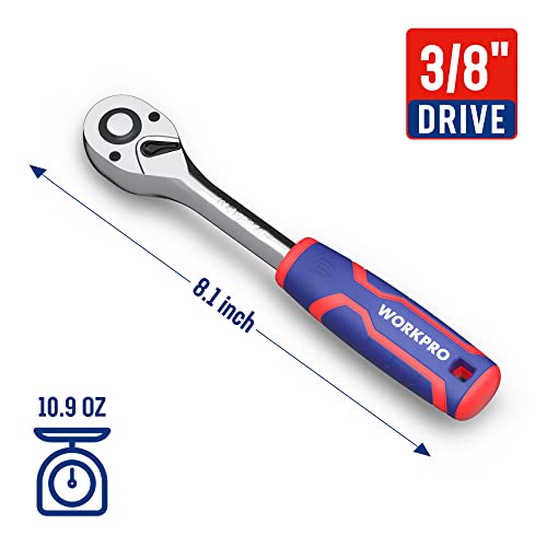 WORKPRO 3/8" Drive Ratchet Wrench, 72-Tooth Reversible | Quick-Release, CR-MO Head, Chrome Plated Finish, Ergonomic Non-Slip Handle - size: 3/8"