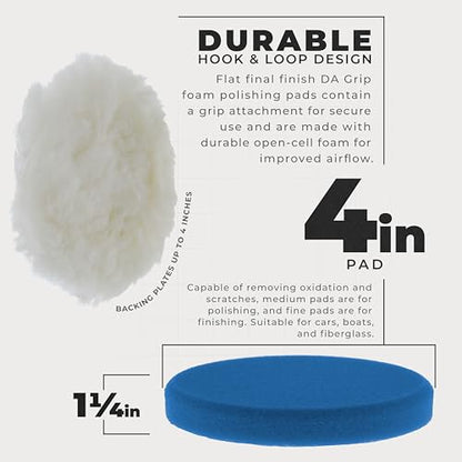 TCP Global 4 Inch Buffing Pads Set - 5 Smooth Flat Foam Buffer Pads & 1 Wool Pad for Orbital Buffers, DA Polish Pad for Paint Correction, Polishing Kit for Auto & Boat Gelcoat Detailing
