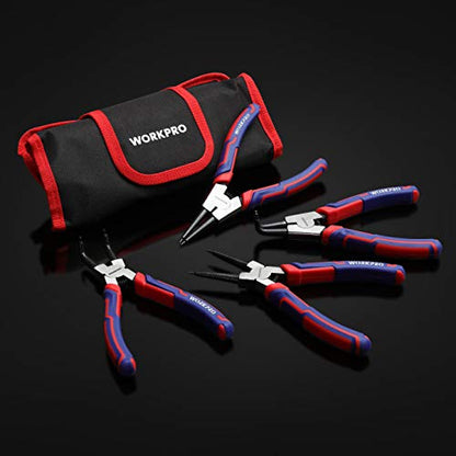 WORKPRO 4-Piece Snap Ring Pliers Set - Heavy Duty 7-inch Internal/External Circlip Pliers Kit (Tip Diameter 5/64'')-Straight/Bent Jaw - Cr-V Steel - For Ring Remover Retaining- Storage Pouch Included | 7-inch Internal/External Circlip Pliers Kit,Straight/