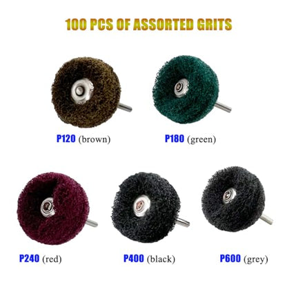 Buffing Wheel 100 Pack Abrasive Polishing Deburring Wheels Metal Polishing Kit Rotary Tool Accessories for Metal Polishing, Rusting Cleaning, Paint Removal, and Other Fine Detail Work
