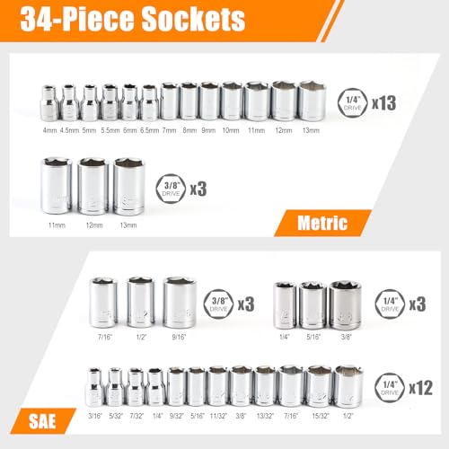 40 Pieces 1/4-Inch & 3/8-Inch Entry-level Drive Socket Set with Reversible Ratchet, Wrench Set with Extension bar, SAE/Metric for Starter Socket Wrench Set for Light Duty Use