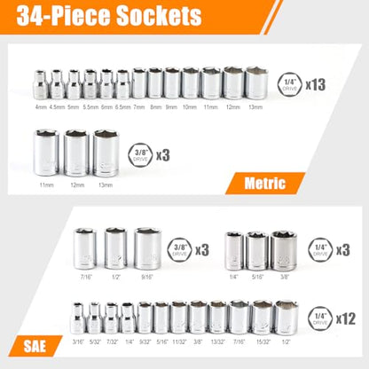 40 Pieces 1/4-Inch & 3/8-Inch Entry-level Drive Socket Set with Reversible Ratchet, Wrench Set with Extension bar, SAE/Metric for Starter Socket Wrench Set for Light Duty Use