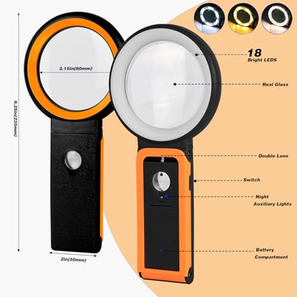 KIBTOY Magnifying Glass with Light and Stand, Foldable Handheld Magnifying Lenses 18 LED Illuminated Lighted Magnifier for Seniors Reading, Close Work, Coins, Jewelry Black - color: Black