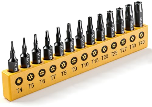 Torx Star Punch & Security Bit Set 13PCS 1-Inch, S2 Steel Tamper Proof Bits with Hole (T4, TT5-TT40) for Electronics, Auto & Impact Driver, 1/4" Hex Shank Specialty Bits