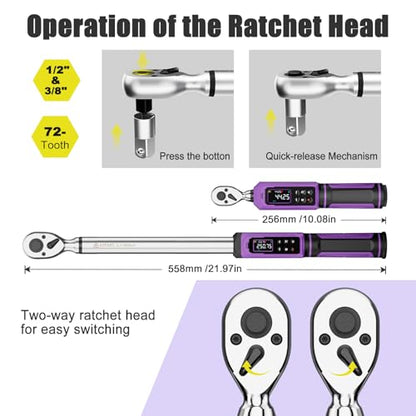 ANPUDS Digital Torque Wrench Set 3/8" & 1/2" Drive, ±1% Accuracy | 0.66-44.25 Ft-lb & 3.76-250.75 Ft-lb, Electric Torque Wrench with Vibration/Buzze/LED Flash Alert, for Car Motor Bike Repair - size: 3/8" (0.66-44.25 Ft-lb) & 1/2" (3.76-250.75 Ft-lb)
