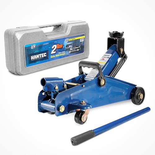 Hantec - 2 Ton Hydraulic Floor Jack - Trolley Lift with Safety Valve, Swivel Wheels, and Hard Carrying Case - 4,400 lbs Capacity - Blue
