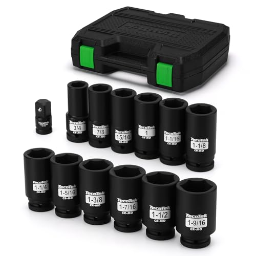 TecoTek 3/4" Drive Deep 6-Point Impact Socket Set, 13-Piece Jumbo Assortment, Cr-Mo, SAE (3/4" to 1-9/16"), 1/2" F to 3/4" M Impact Socket Adapter, for Large Vehicle and Apparatus Maintenance - size: 13-Piece (3/4" to 1-9/16")