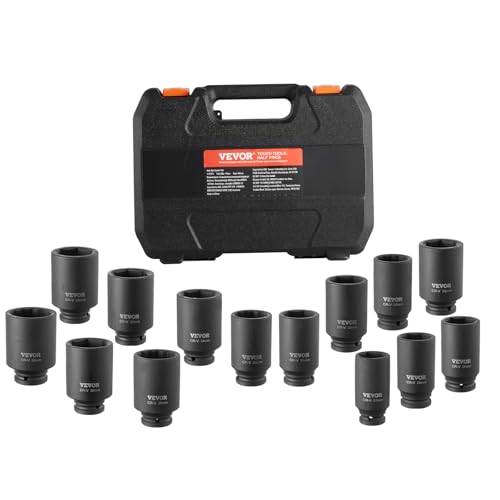 VEVOR Axle Nut Impact Socket Set - 1/2" Drive Deep 6+12-Point 14-Piece Metric Spindle Nut Socket CR-V Heat Treated Large Socket Set with Storage Case for Auto Repair, Removing or Installing Axle Nuts - style: 1/2" 14PCS CR-MO