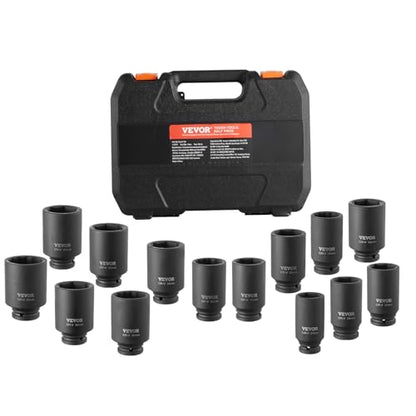 VEVOR Axle Nut Impact Socket Set - 1/2" Drive Deep 6+12-Point 14-Piece Metric Spindle Nut Socket CR-V Heat Treated Large Socket Set with Storage Case for Auto Repair, Removing or Installing Axle Nuts - style: 1/2" 14PCS CR-MO