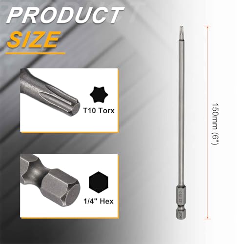 HARFINGTON 10pcs T10 Torx Head Screwdriver Bit 1/4" Hex Shank 6" (150mm) Long Magnetic No Hole Tip Tamper Proof 6 Point Star Screw Driver Drill Bits S2 Steel Industrial Power Screwdrivers - size: T10 x 6"