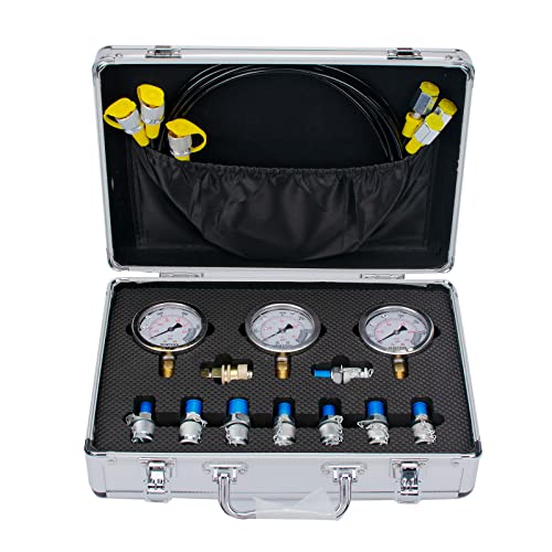 Hydraulic Pressure Test Kit for Excavator, Includes 9 Couplings, 3 Test Hoses, 3 Pressure Gauges (3500PSI/250bar, 6000PSI/400bar, 10000PSI/600bar) - size: 16PCS - 3Guages