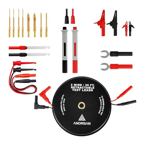 2 Wire 30 ft Retractable Test Leads with 4 mm Banana Plugs and Multimeter Test Leads Kit, Gold-Plated Test Probes, Alligator Clips, Test Hook Clips, Wire Piercing Back Probes and Spade Connectors