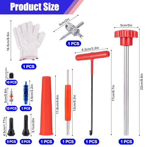 22PCS Red Handle Tire Valve Stem Tool Kit - Quick Install & Remove Valve Core Tool for Car/ATV/Truck/Lawn Mower, Longer Tire Valve Stem Puller For Checking Tire Pressure with TR413/TR414/TR418