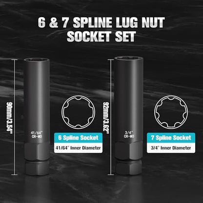 2-Piece 6 & 7 Wheel Lock Removal Kit, Spline Lug Nut Removal Tool | Locking Lug Nut Master Key Set for Stripped Frozen Rusted Wheel Locks - size: 6 & 7 Spline
