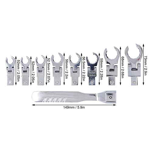 Flex Head Flare Nut Wrench Set, 9Pcs 180° Metric Steel Brake Line Ratchet Wrench Set, Flexible Ratcheting Open End Wrench Set for Maintenance