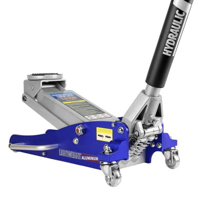 Dawn Hydraulic Low Profile Aluminum and Steel Racing Floor Jack with Dual Piston Quick Lift Pump, 1.5 Ton (3,000 lb) Capacity, Blue