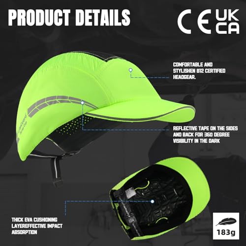 UM ULTRAMAXX Lightweight Bump Cap with Reflective Stripes, Breathable Baseball Cap Style, Head Protection Hard Hat for Men Women - color: Lime