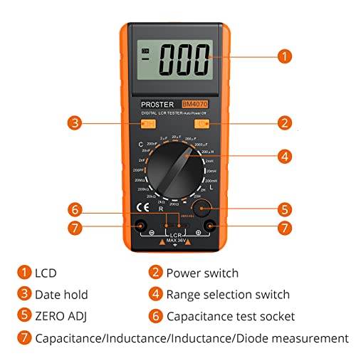 Proster LCR Meter - Capacitance Resistance Inductance Digital LCR Multimeter with LCD Over-Range Display - color: Yellow